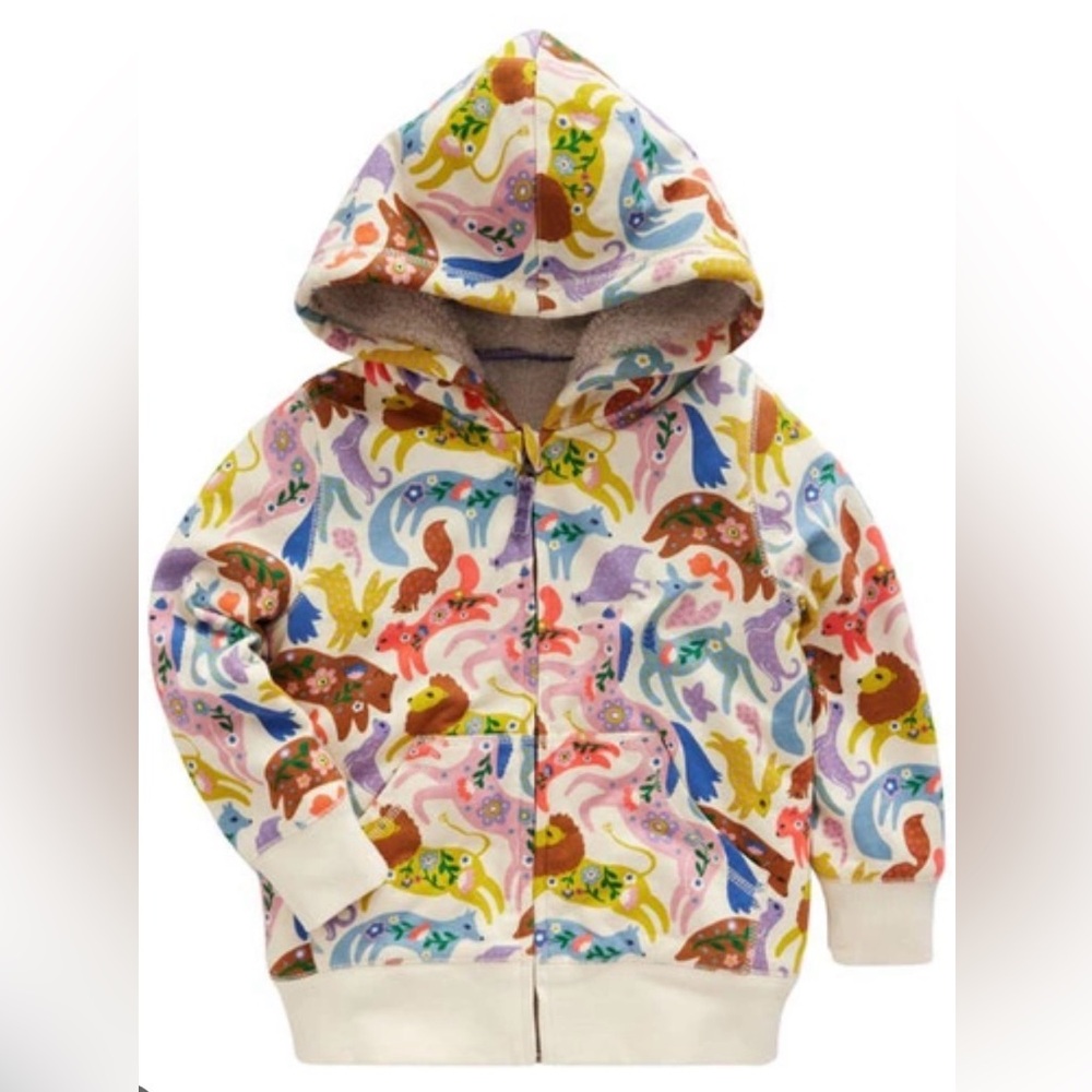 NWT mini Boden Shaggy-lined Hoodie, Multi Folk Friends size 3-4y